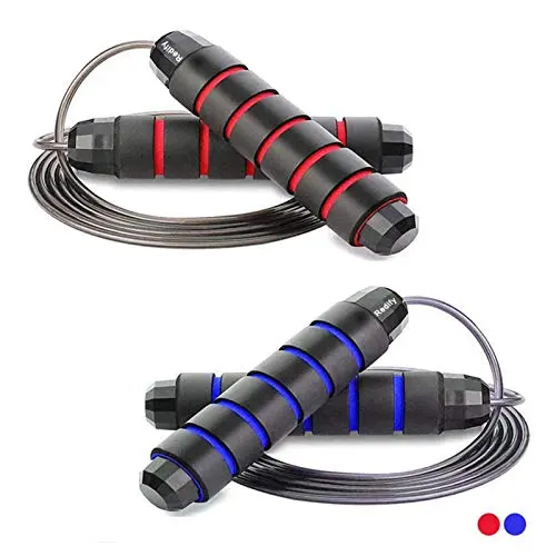 Redify jump rope with memory foam handles in red and blue