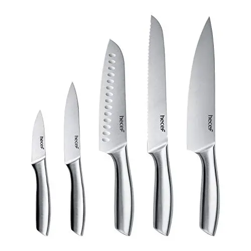 hecef 5-piece kitchen knife set with satin finish blades and hollow handles