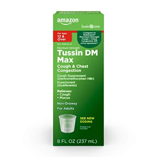 Amazon Basic Care Tussin DM MAX cough syrup bottle