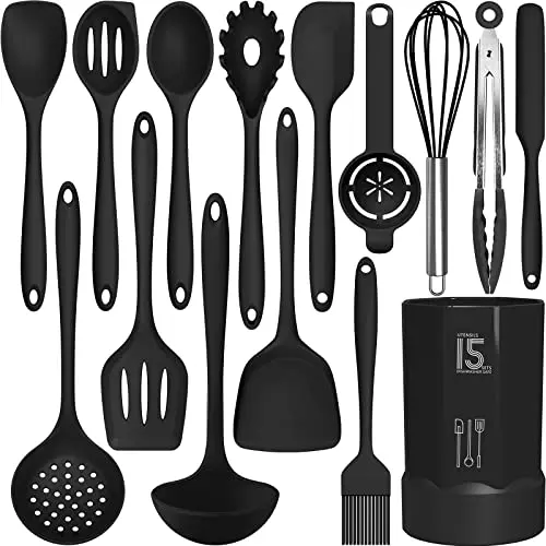 AOTHOD black silicone cooking utensils set with stainless steel reinforcement