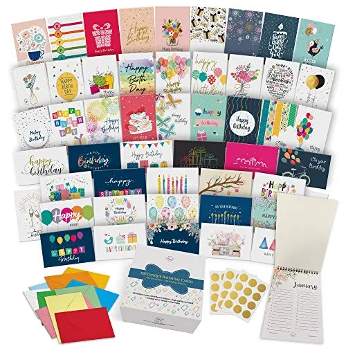 Dessie 100 unique birthday cards assortment in sturdy storage box