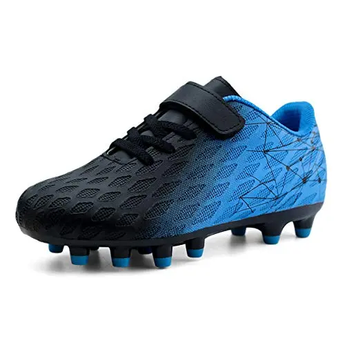 Brooman kids soccer cleats with black and blue design featuring velcro closure