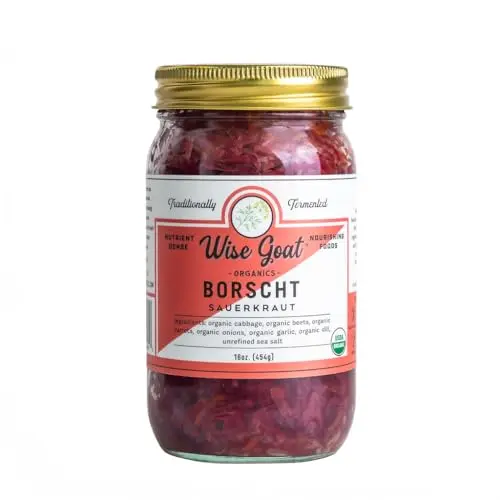 Wise Goat Organics borscht variety fermented sauerkraut in glass jar