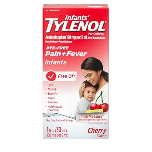 Infants' Tylenol oral suspension liquid medicine bottle with dosing syringe