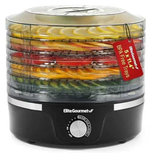Elite Gourmet food dehydrator with 5 BPA-free trays and adjustable temperature