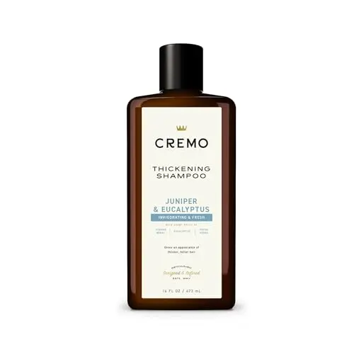 Cremo thickening shampoo bottle with juniper and eucalyptus design