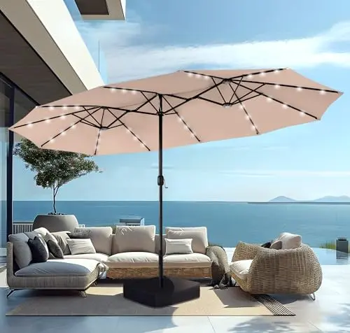 PHI VILLA 15ft rectangular patio umbrella with solar LED lights and included base