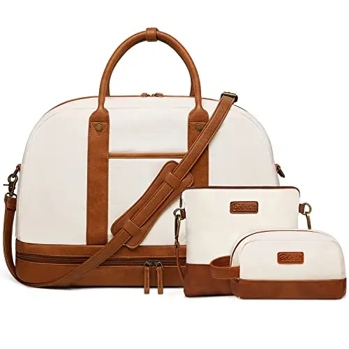 Canvas weekender duffle tote bag in beige with shoe compartment