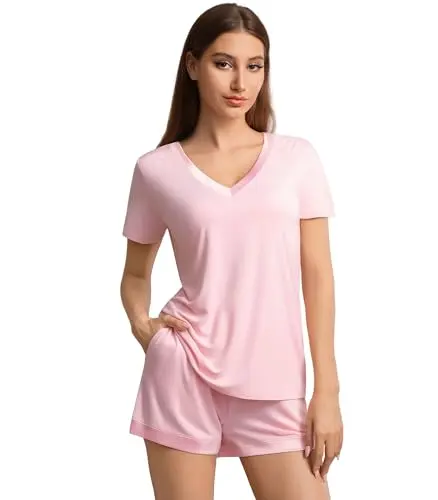 WiWi women's bamboo viscose pajama set with V-neck top and shorts