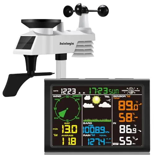 Sainlogic wireless weather station with large LCD display showing wind and temperature data