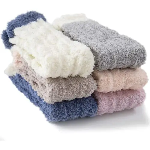 TEHOOK six pairs of colorful fuzzy socks in assorted patterns and colors