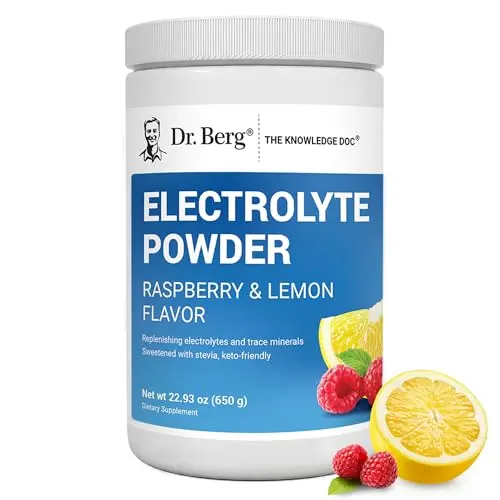 Dr. Berg electrolyte powder canister with raspberry and lemon flavor
