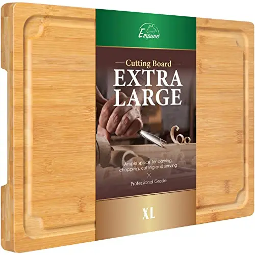 Empune extra large bamboo cutting board with juice groove and side handles