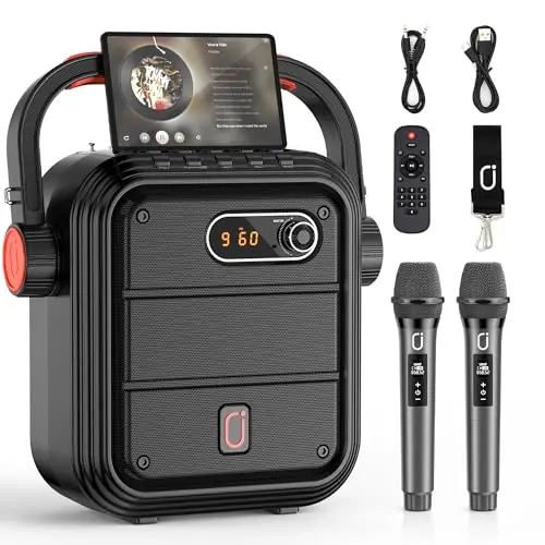 JYX karaoke machine with shoulder strap and multiple connectivity ports