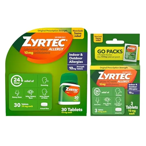 Zyrtec allergy relief tablets with travel packs for pollen