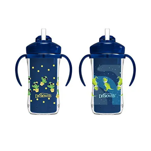 Dr. Brown's insulated sippy cup with straw, handles, and sliding lid in blue color