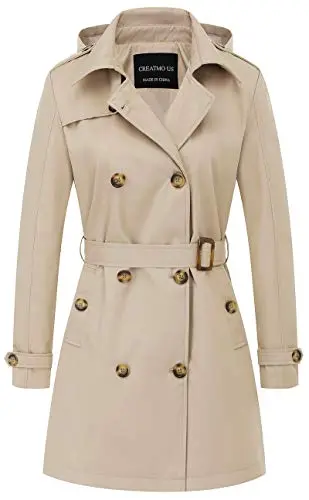 CREATMO women's mid-length trench coat with detachable hood