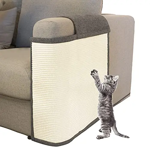 Oroonoko dark grey sisal scratching mat attached to sofa arm
