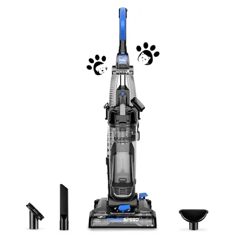 Eureka PowerSpeed lightweight upright vacuum cleaning pet hair from hardwood floors
