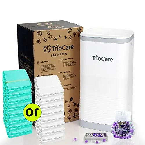 TrioCare white diaper pail with lavender scent and refill bundle