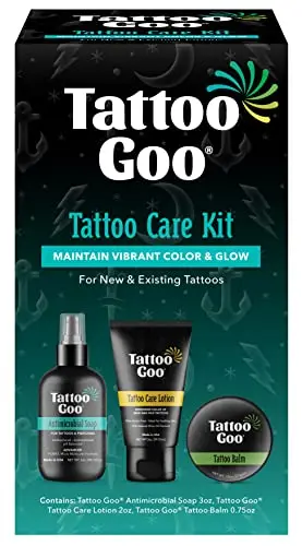 Tattoo Goo aftercare kit with soap, balm, and lotion