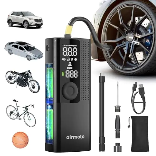 Airmoto portable tire inflator with digital pressure gauge