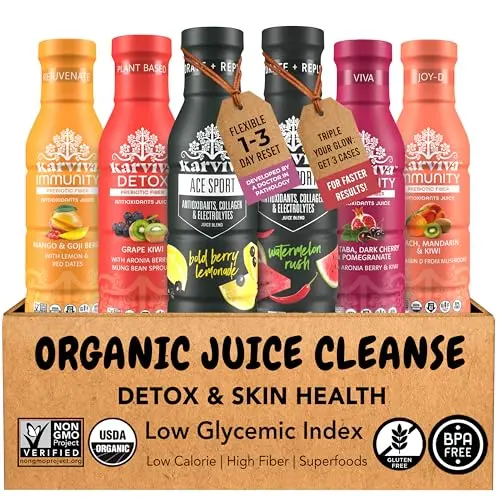 Karviva Organic Juice Cleanse bottles with variety of flavors