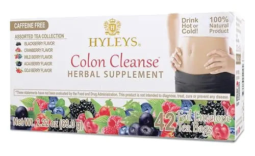 Hyleys Colon Cleanse Tea package with assorted flavors