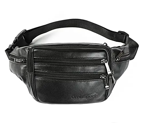 OrrinSports black leather fanny pack with multiple pockets