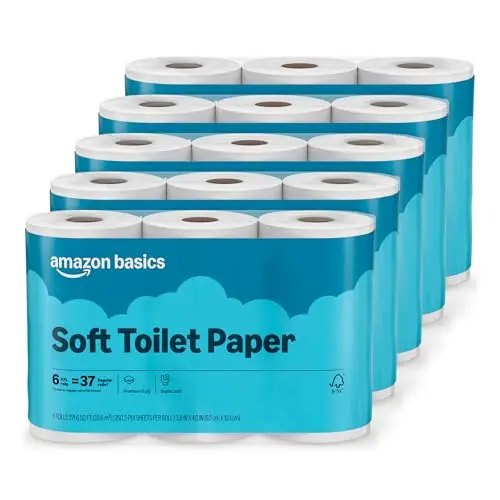 Amazon Basics 2-ply toilet paper multi-pack showing bulk packaging