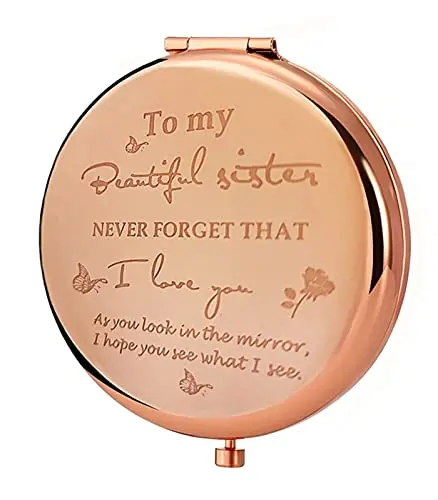Pink frosted compact mirror with heartfelt friendship engraving