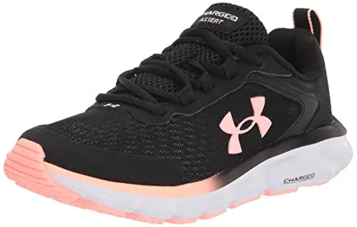 Under Armour Women's Charged Assert 9 running shoe in black and pink sands