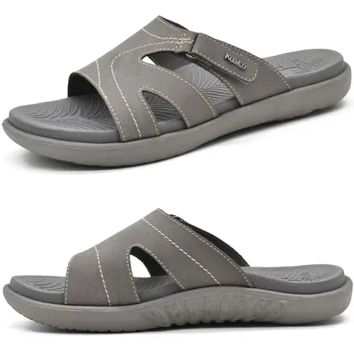 KuaiLu women's grey orthopedic slide sandals with adjustable buckle