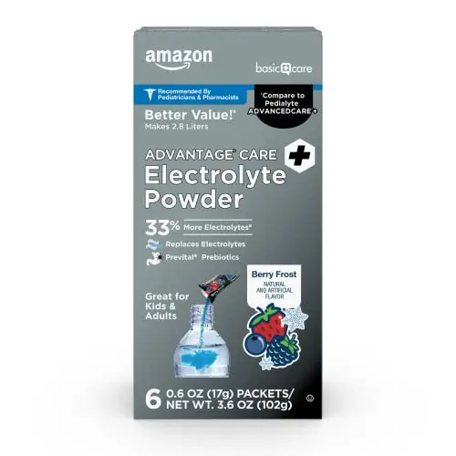 Amazon Basic Care Advantage Care electrolyte powder packets in berry frost flavor