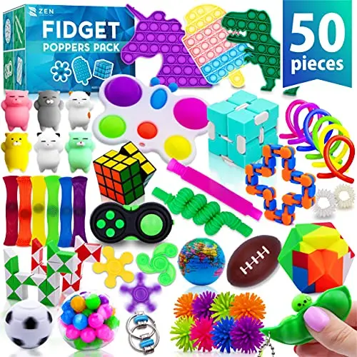 Zen Laboratory fidget toys pack showing assorted sensory toys including pop tubes and squishy items