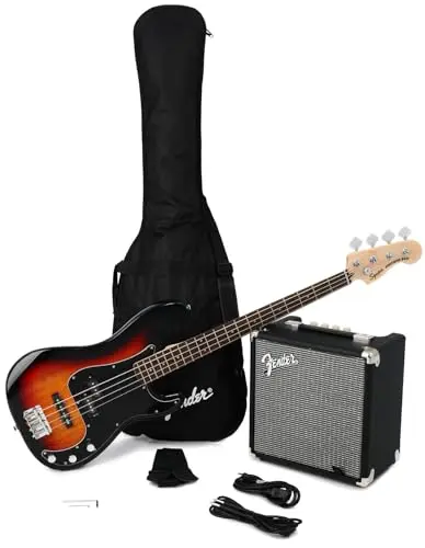Squier Affinity Series Precision Bass guitar in 3-color sunburst finish with included amp and accessories