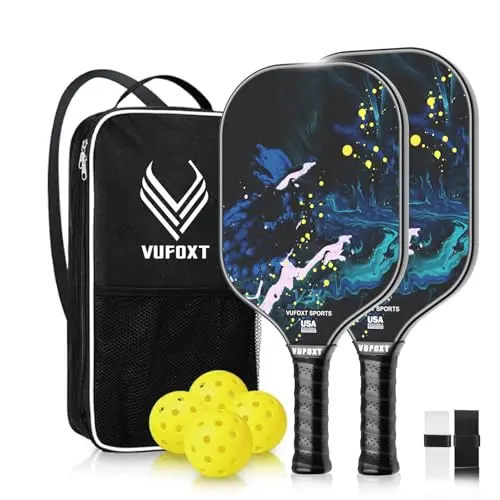 VUFOXT carbon fiber pickleball paddles set in blue waves design