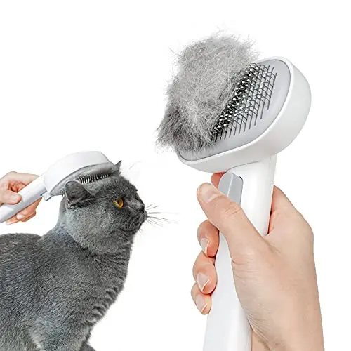 Aumuca white self-cleaning cat deshedding brush with stainless steel pins