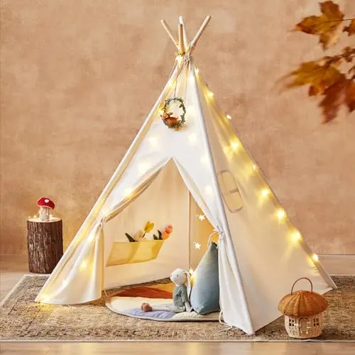 Tiny Land teepee tent with star lights and campfire toy