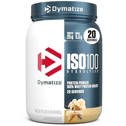 Dymatize ISO100 Gourmet Vanilla protein powder container