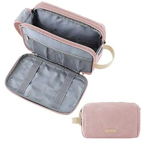 BAGSMART toiletry bag for women in pink with water-resistant material and elastic bands
