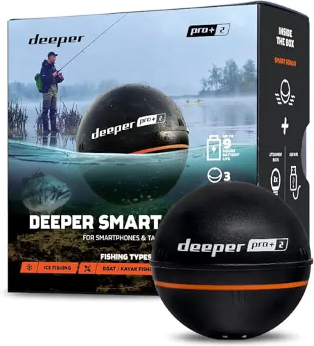 Deeper PRO+ 2 castable fish finder floating on water with smartphone app display