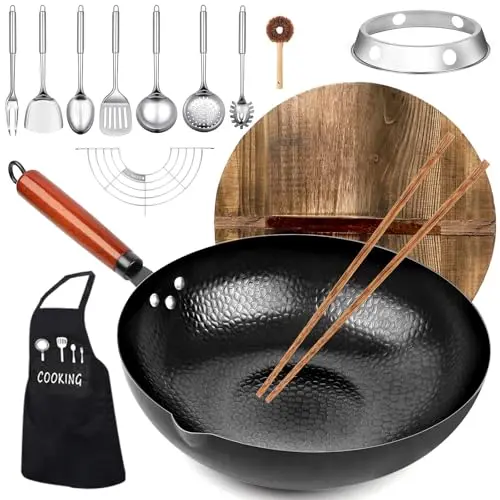 kaqinu carbon steel wok set with multiple utensils on electric cooktop