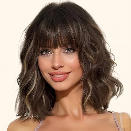 AISI HAIR synthetic curly bob wig with bangs in natural brown with blonde highlights