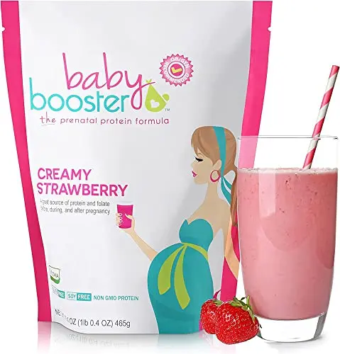 Baby Booster pregnancy protein powder container with strawberry flavor