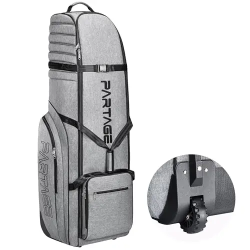 Partage golf travel case with 4.0 inch tank wheels and gray fabric