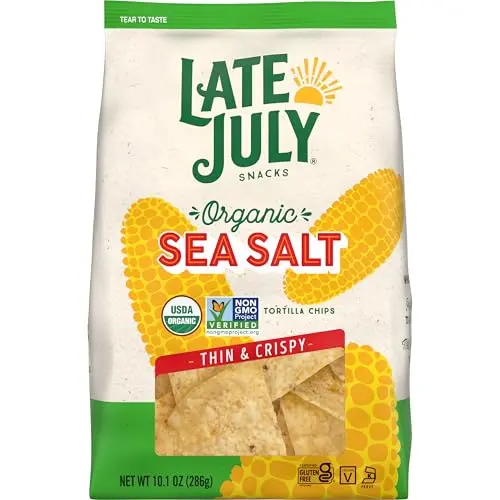 Late July Sea Salt Organic Tortilla Chips in bag showing thin crispy chips