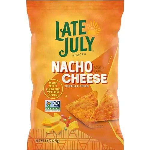 Late July Nacho Cheese Tortilla Chips in open bag showing sturdy chips