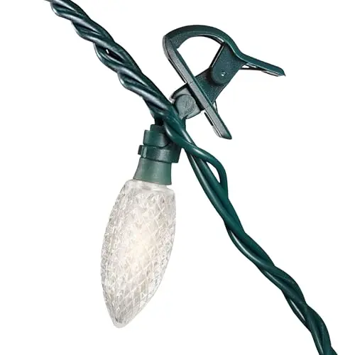 Noma Quick-Clip C9 LED Christmas lights with rotating bulbs installed on roof edge