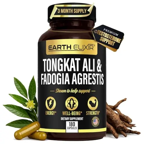 Earth Elixir testosterone booster supplement bottle with Fadogia Agrestis and Tongkat Ali